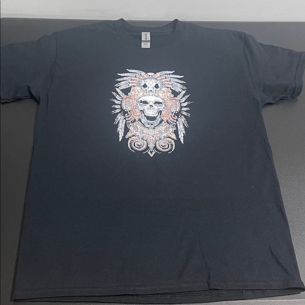 Gildan Black T-Shirt with Intricate Skull Design